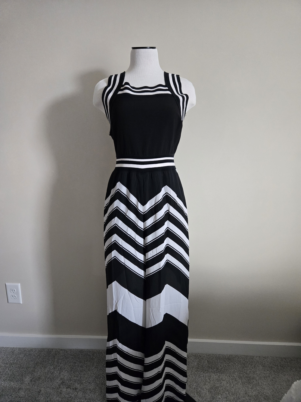 XOXO Black and White Chevron Jumpsuit- Sleeveless Striped Design
